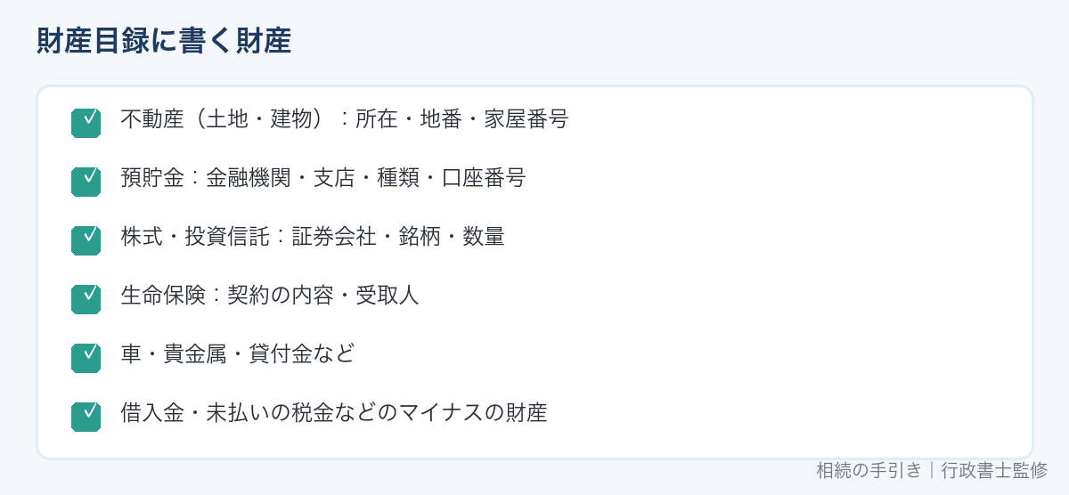 財産目録に書く財産の一覧